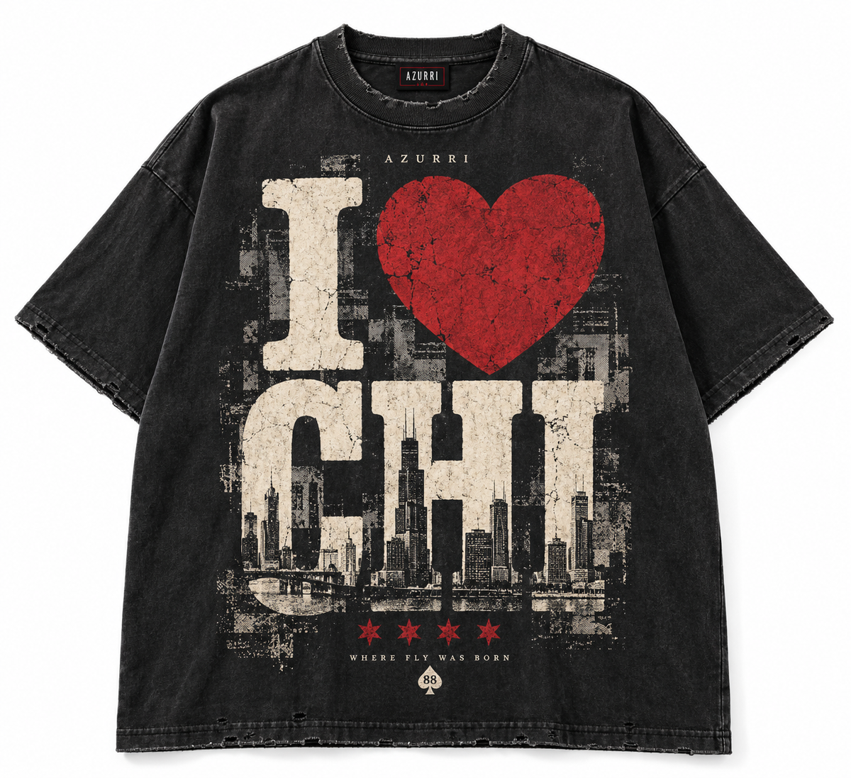 Black oversized AZURRI I<3CHI TSHIRT featuring distressed graphics, celebrating Chicago. Designed by Azurri Clothing.