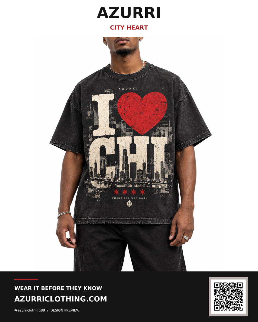 The black AZURRI I ♥ CHI TSHIRT features a bold graphic design, showcasing love for Chicago by Azurri Clothing.