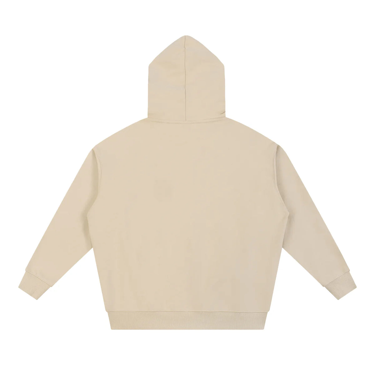 The back view of a beige Azurri Essential Heavyweight Hoodie by ODMPOD, showcasing its minimalist design and hood.