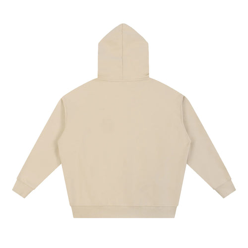 The back view of a beige Azurri Essential Heavyweight Hoodie by ODMPOD, showcasing its minimalist design and hood.