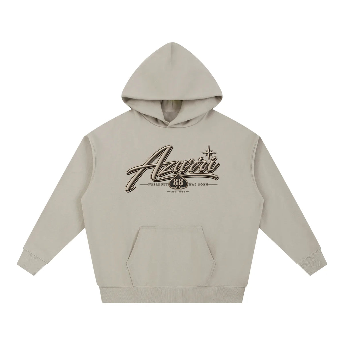 Light beige Azurri Essential Heavyweight Hoodie featuring a prominent logo, showcasing casual style and comfort.