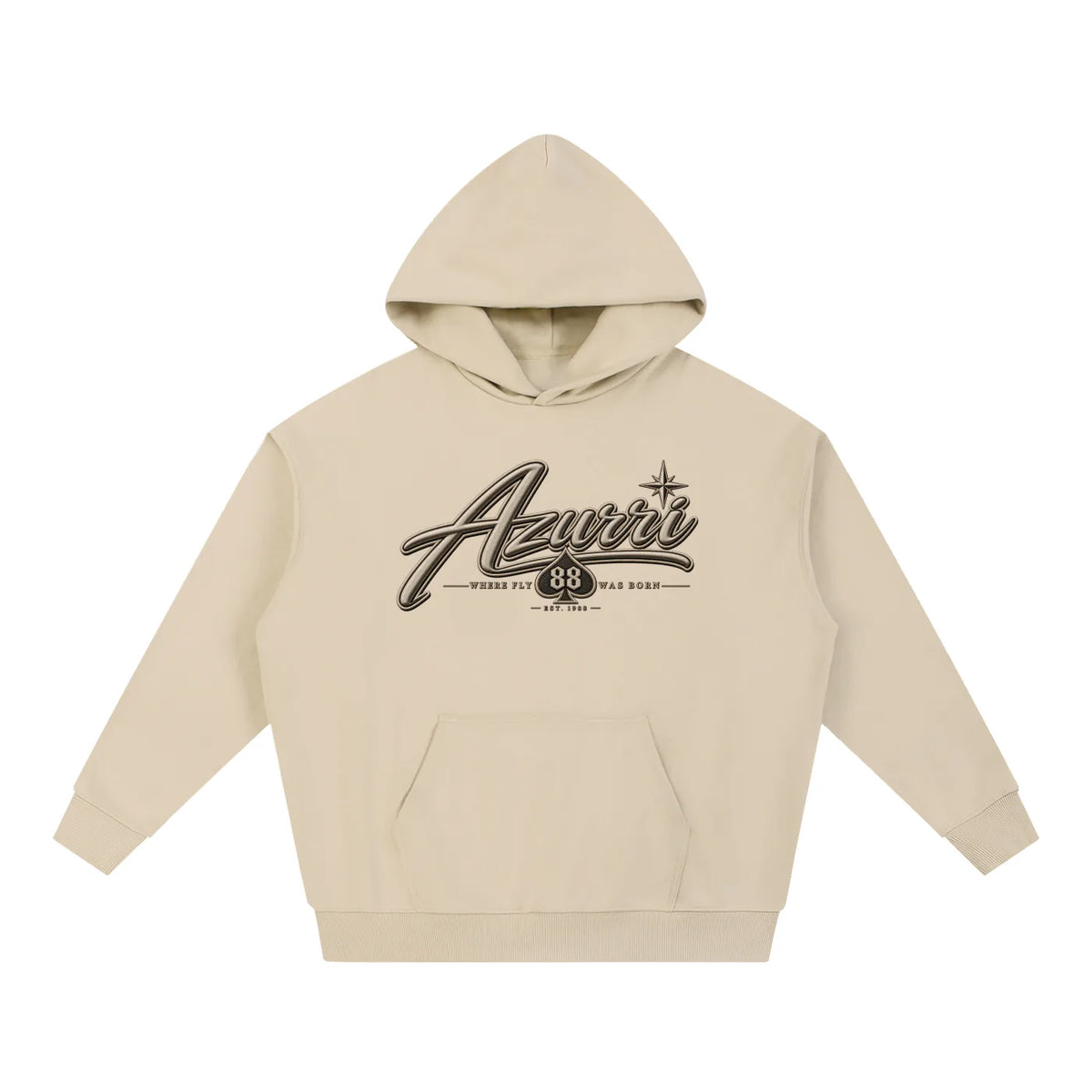 Beige Azurri Essential Heavyweight Hoodie featuring prominent black graphic text and a front pouch pocket by ODMPOD.