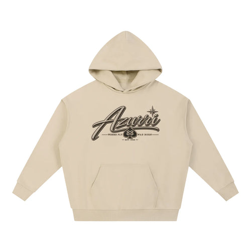 Beige Azurri Essential Heavyweight Hoodie featuring prominent black graphic text and a front pouch pocket by ODMPOD.