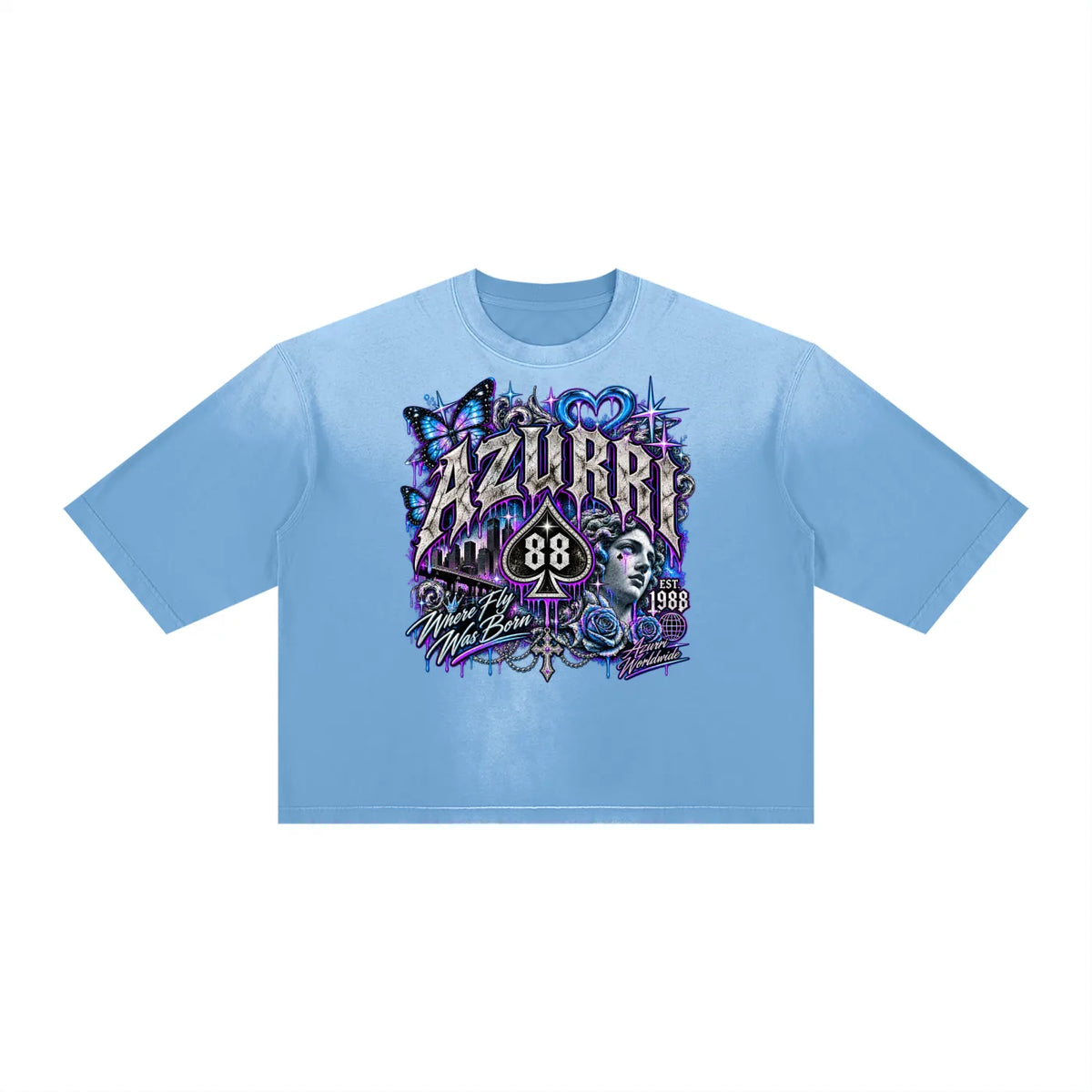 Light blue Azurri Female Vintage Boxy T-Shirt featuring a bold graphic design by ODMPOD.