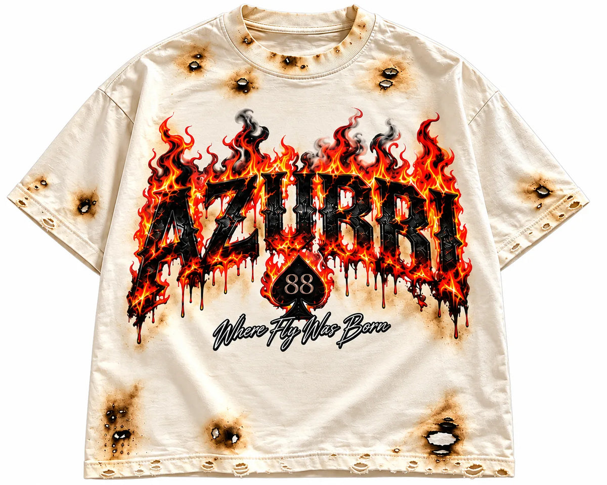 Oversized fire-themed graphic t-shirt with distressed details, featuring "AZURRI 88" by Azurri Clothing.