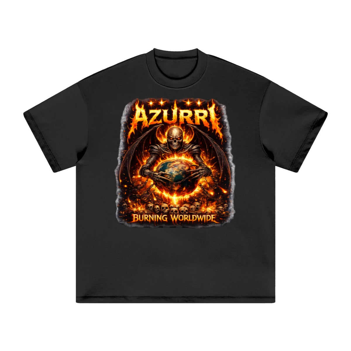 Black Azurri Hell On Earth T-Shirt featuring striking artwork of a skeleton and fiery globe, designed by ODMPOD.
