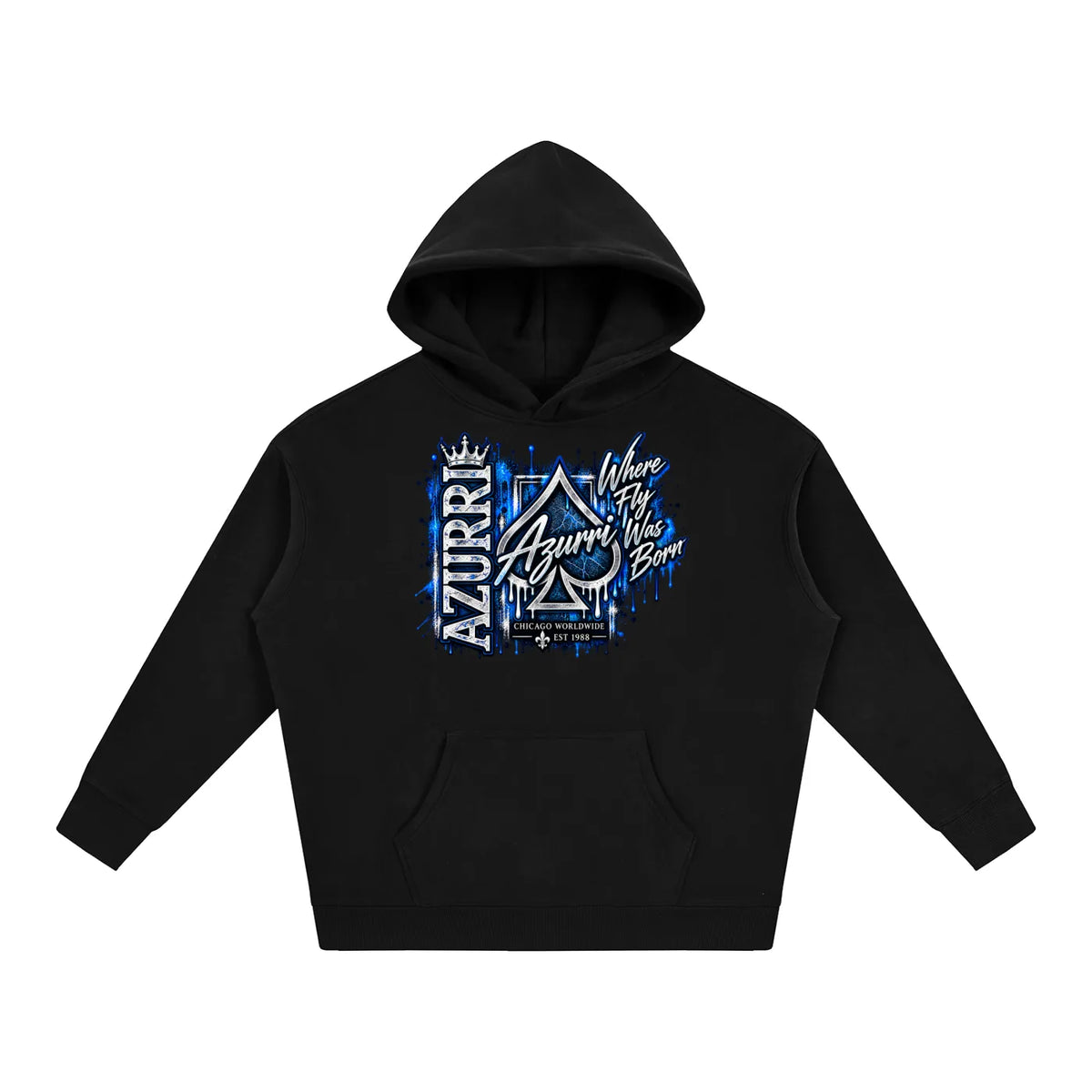 Black AZURRI ICE ATTACK HOODIE features striking blue graphic print on the front, showcasing distinct design elements by ODMP