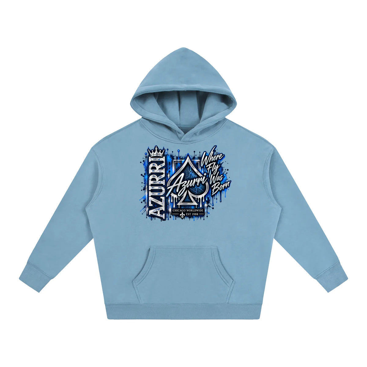 Light blue AZURRI ICE ATTACK HOODIE featuring a bold graphic design, ideal for casual wear, by ODMPOD.