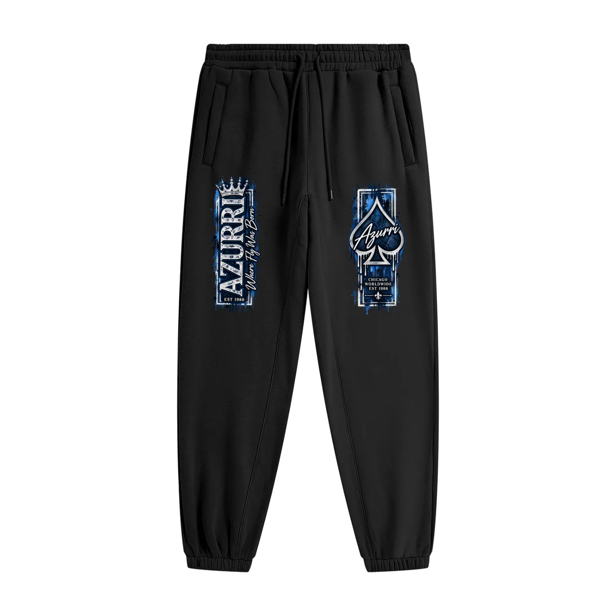 Black AZURRI ICE ATTACK JOGGERS feature vibrant blue graphics, perfect for casual or sporty wear by ODMPOD.