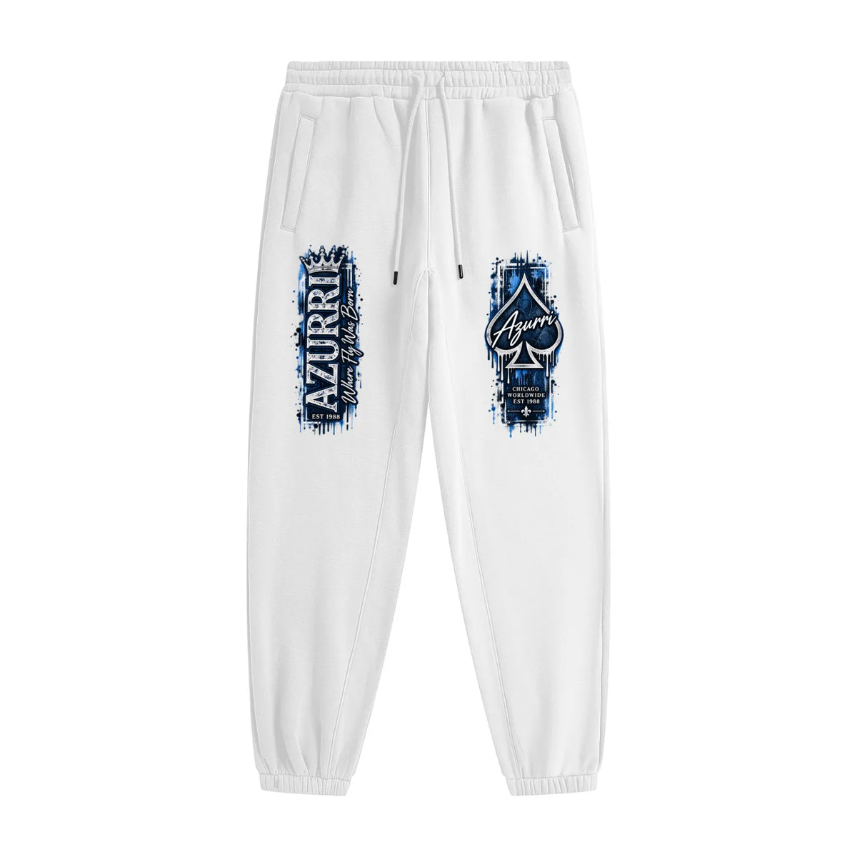 White AZURRI ICE ATTACK JOGGERS featuring blue graphic prints on both legs, designed by ODMPOD.