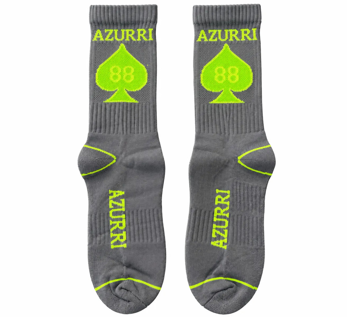 Gray AZURRI MATCHING SOCKS featuring a neon green spade design and branding, perfect for unique streetwear style.