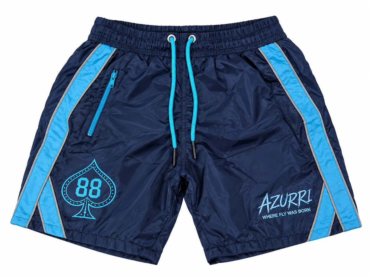 Navy windbreaker shorts featuring blue accents and graphics, showcasing AZURRI MENS WINDBREAKER SHORTS by Azurri Clothing.