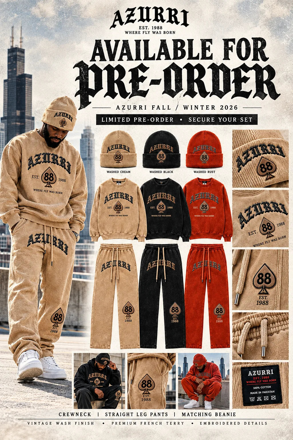 Azurri October Set lifestyle image showing the matching crewneck, pants and beanie in multiple colors
