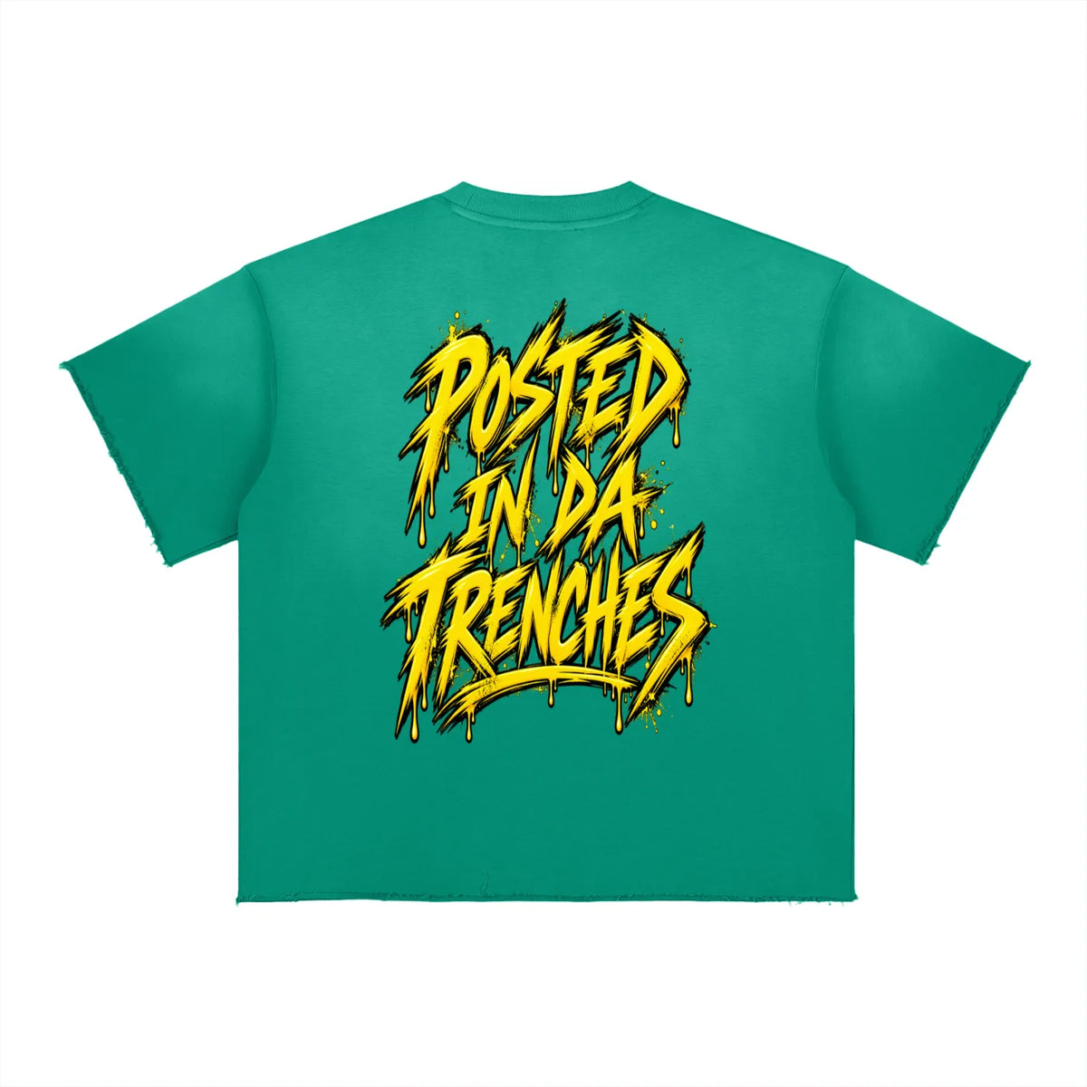 Teal oversized t-shirt featuring bold yellow "POSTED IN DA TRENCHES" graphic on the back by ODMPOD.