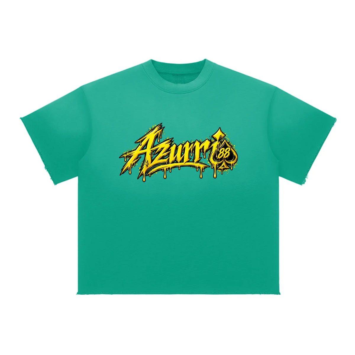 Bright teal oversized t-shirt featuring a bold yellow graphic, "AZURRI POSTED IN DA TRENCHES" by ODMPOD.