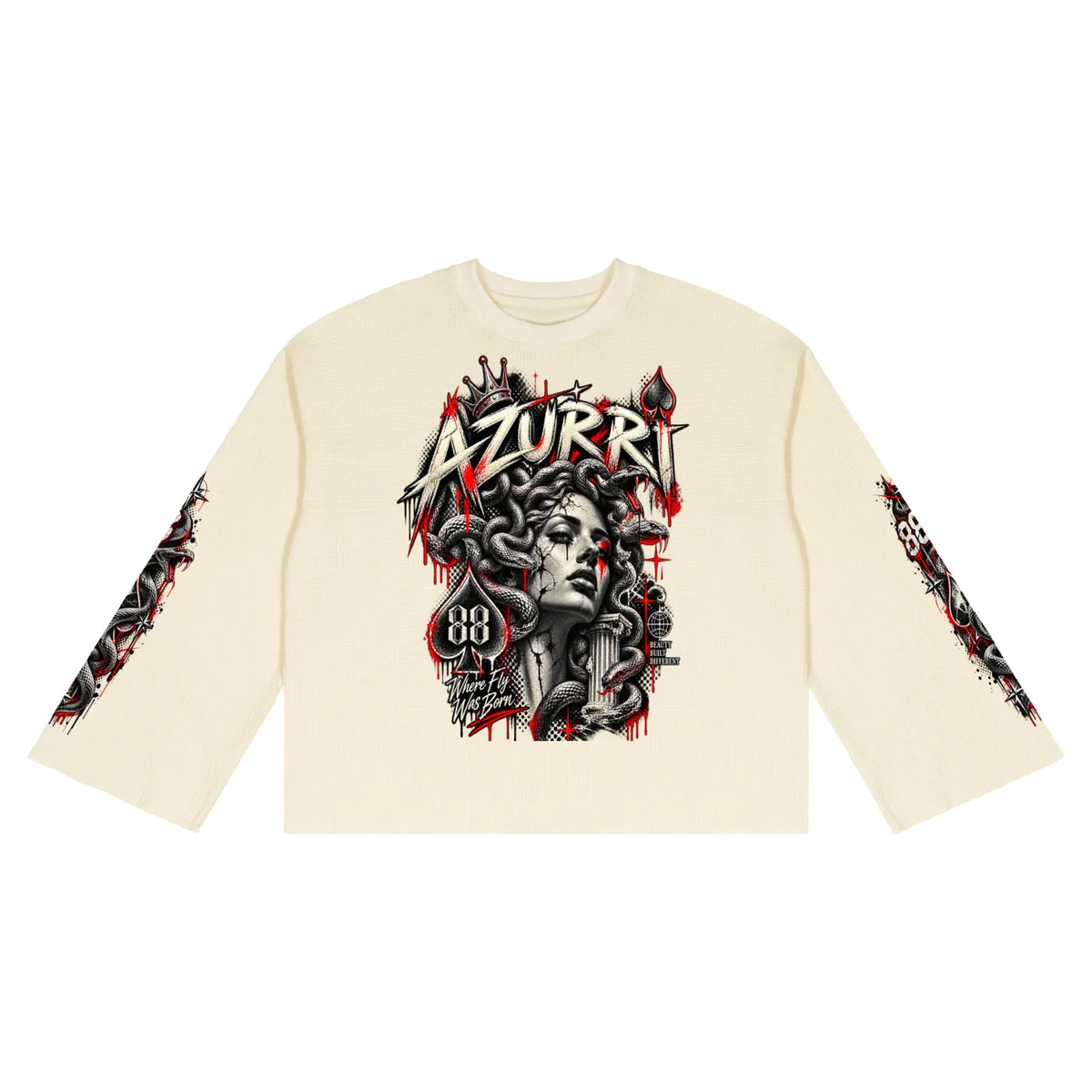 Cream thermal long sleeve featuring striking graphic art on the front and sleeves, “AZURRI THE RETURN THERMAL” by ODMPOD.