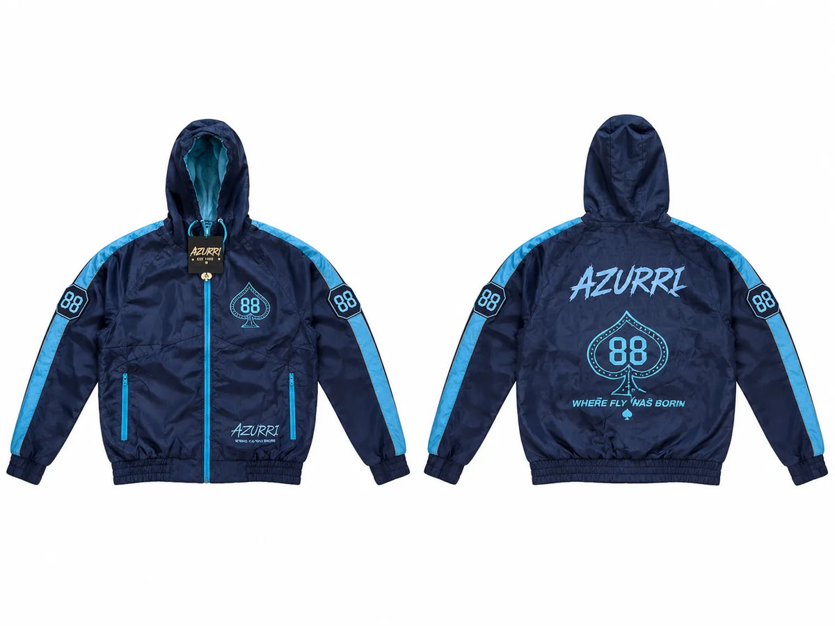 Front and back views of a navy blue hooded jacket with light blue stripes on the sleeves and shoulders, featuring 'AZURRI' and the number '88' graphics on the chest and back.