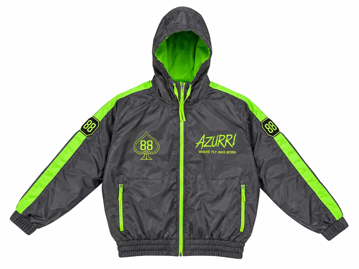 A dark gray hooded windbreaker jacket with bright neon green accents, featuring 'AZURRI' and an '88' spade logo on the chest, and '88' patches on the sleeves.