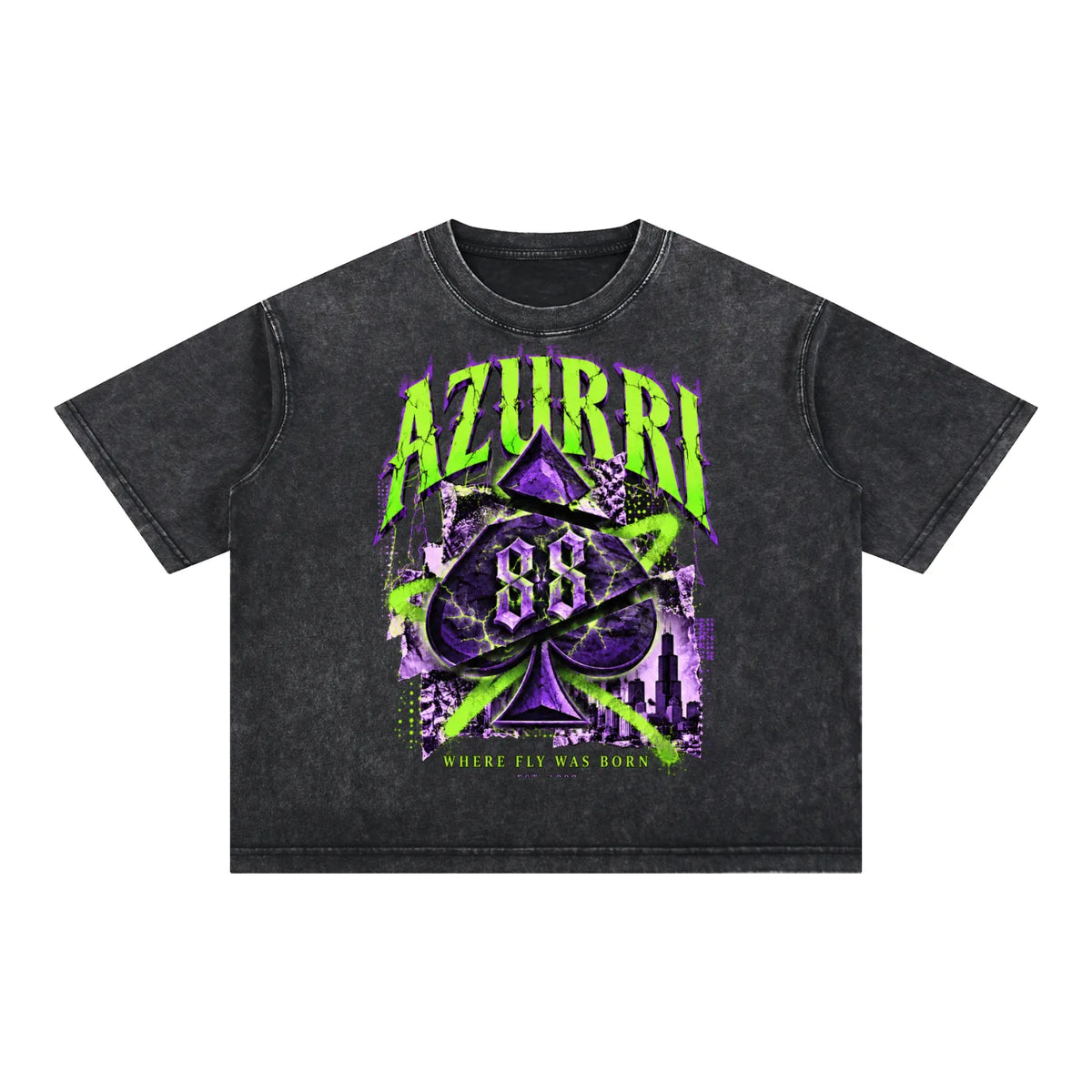 Distinctive black boxy t-shirt with vibrant green and purple graphics reading "AZURRI" and "88" by ODMPOD.