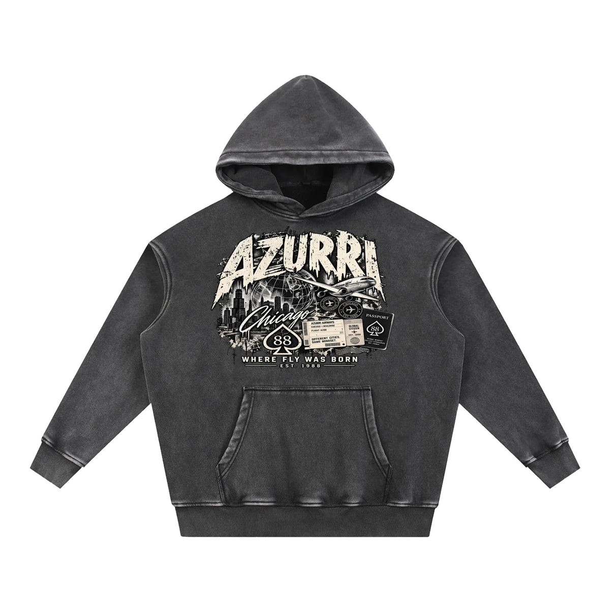 Black graphic hoodie featuring a cityscape and vintage travel themes, the “AZURRI PASSPORT CLUB HOODIE” by ODMPOD.